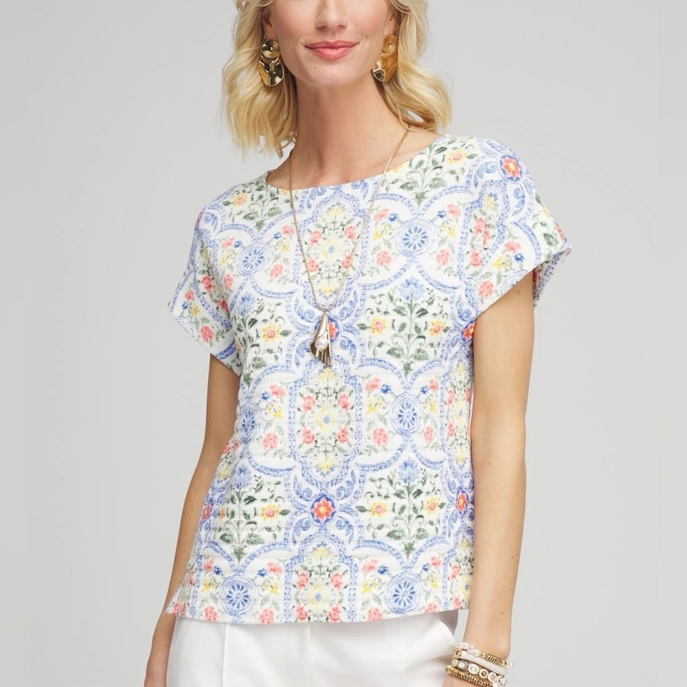 Chico’s Modern Cap Sleeve Knit Cotton Stretch Textured White Floral Shirt US L